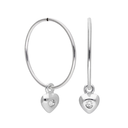 Sterling Silver CZ Crystal Heart 10 - 22mm Sleeper Hoop Earrings