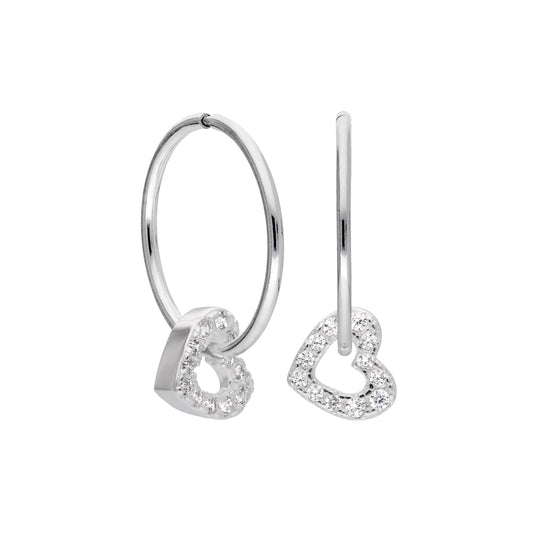 Sterling Silver Clear CZ Crystal Open Heart with Sleeper 12mm Hoop Earrings