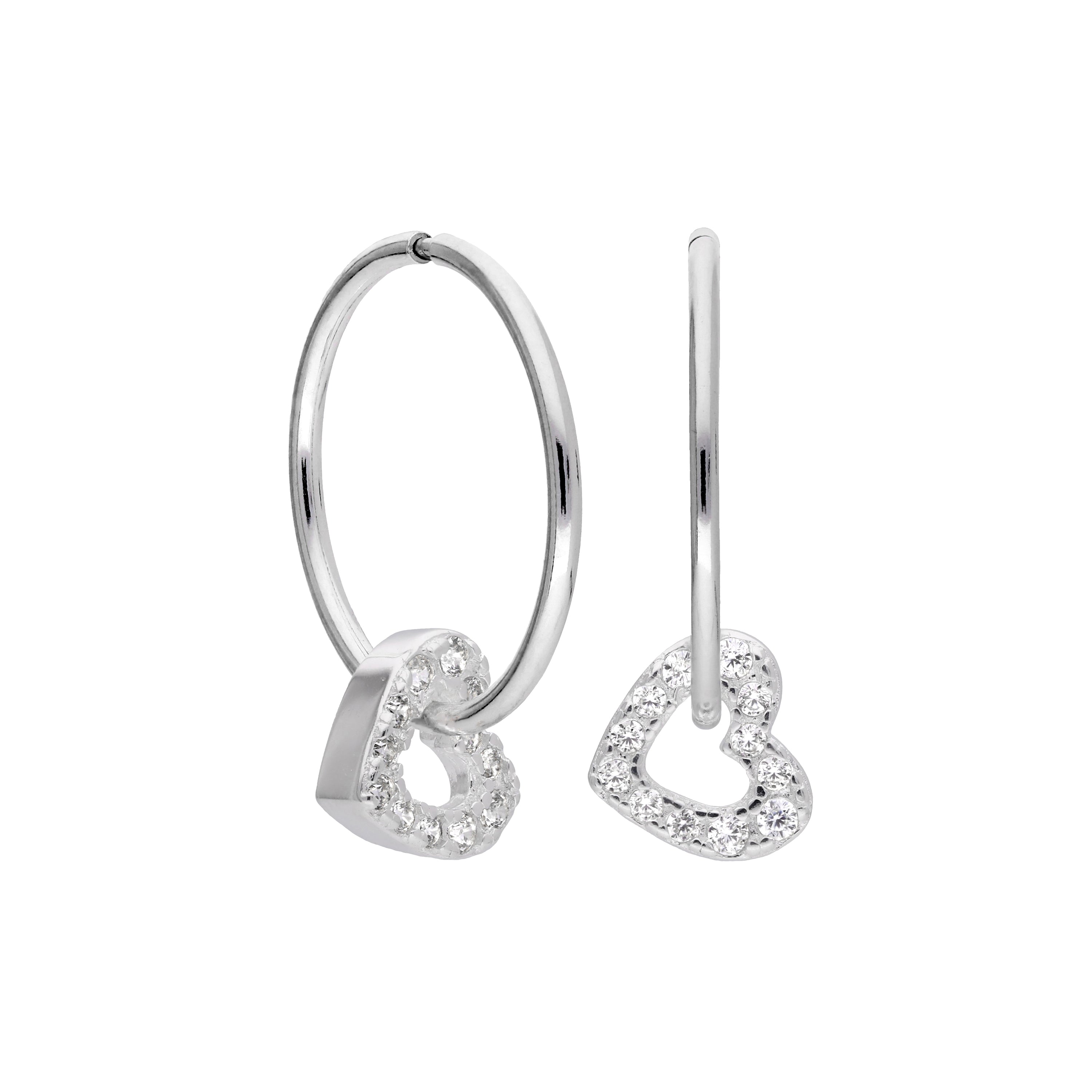 Sterling Silver Clear CZ Crystal Open Heart with Sleeper 12mm Hoop Earrings