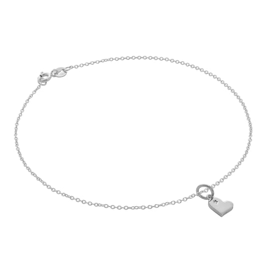 Sterling Silver Trace Chain Anklet with Genuine Diamond Heart Charm