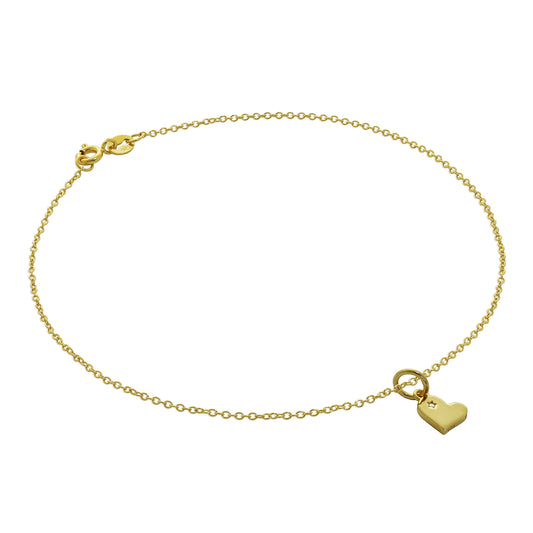Gold Plated Sterling Silver Trace Chain Anklet with Genuine Diamond Heart Charm