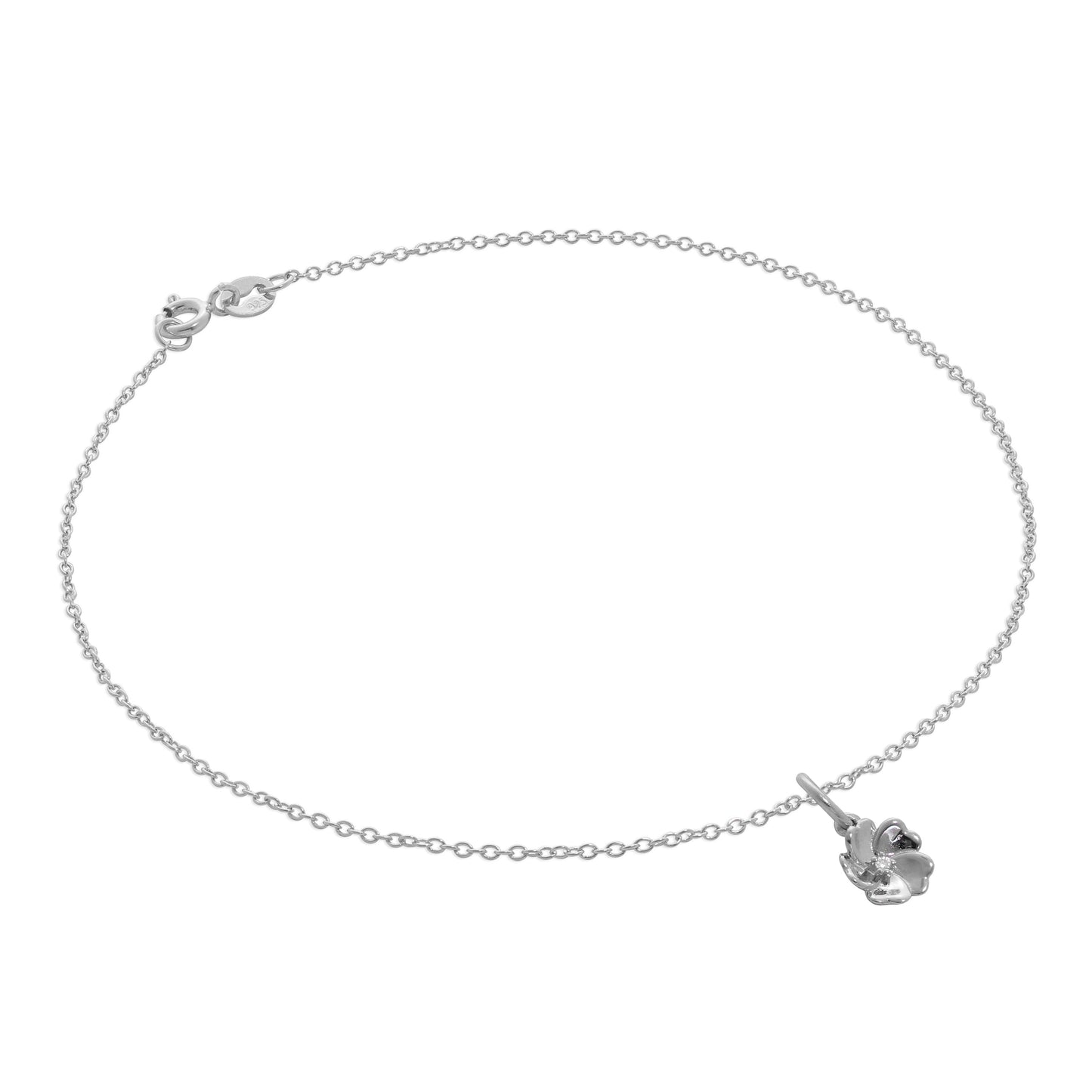 Sterling Silver Trace Chain Anklet with Genuine Diamond Flower Charm