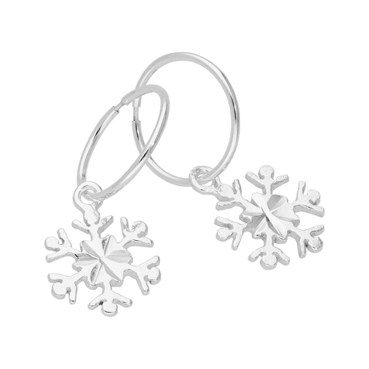 Sterling Silver Snowflake 12mm Sleeper Hoop Earrings