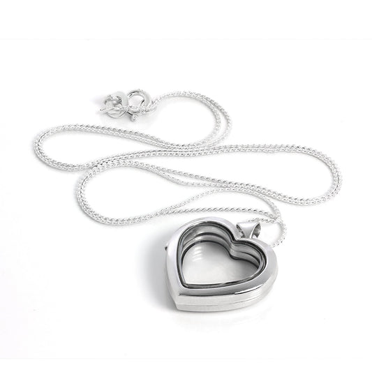 Sterling Silver Heart Shaped Floating Charm Locket Necklace on Chain