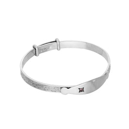 Sterling Silver Adjustable Baby ID Bangle with Pink CZ Crystal & Floral Design