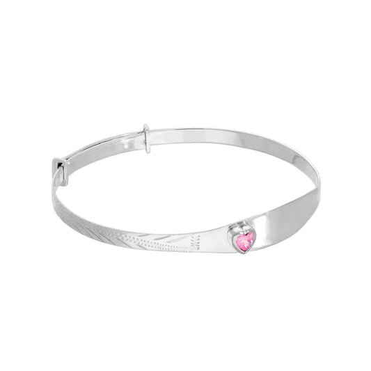 Sterling Silver Adjustable Child ID Bangle with Pink CZ Heart & Zig Zag Pattern