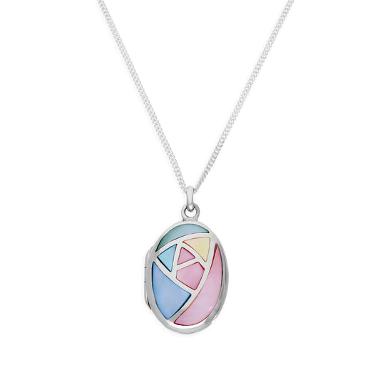 Sterling Silver & Pastel Coloured Mother of Pearl Oval Locket on Chain 16 - 24 Inches