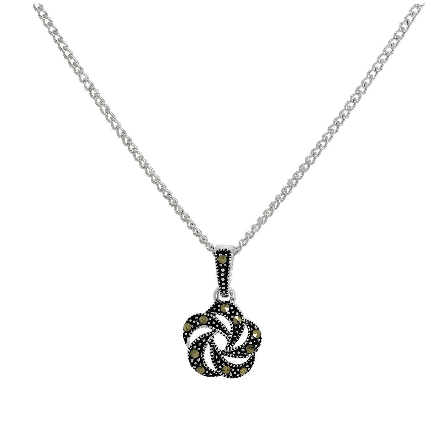 Sterling Silver & Marcasite Black Open Flower Pendant Necklace 16 - 24 Inches