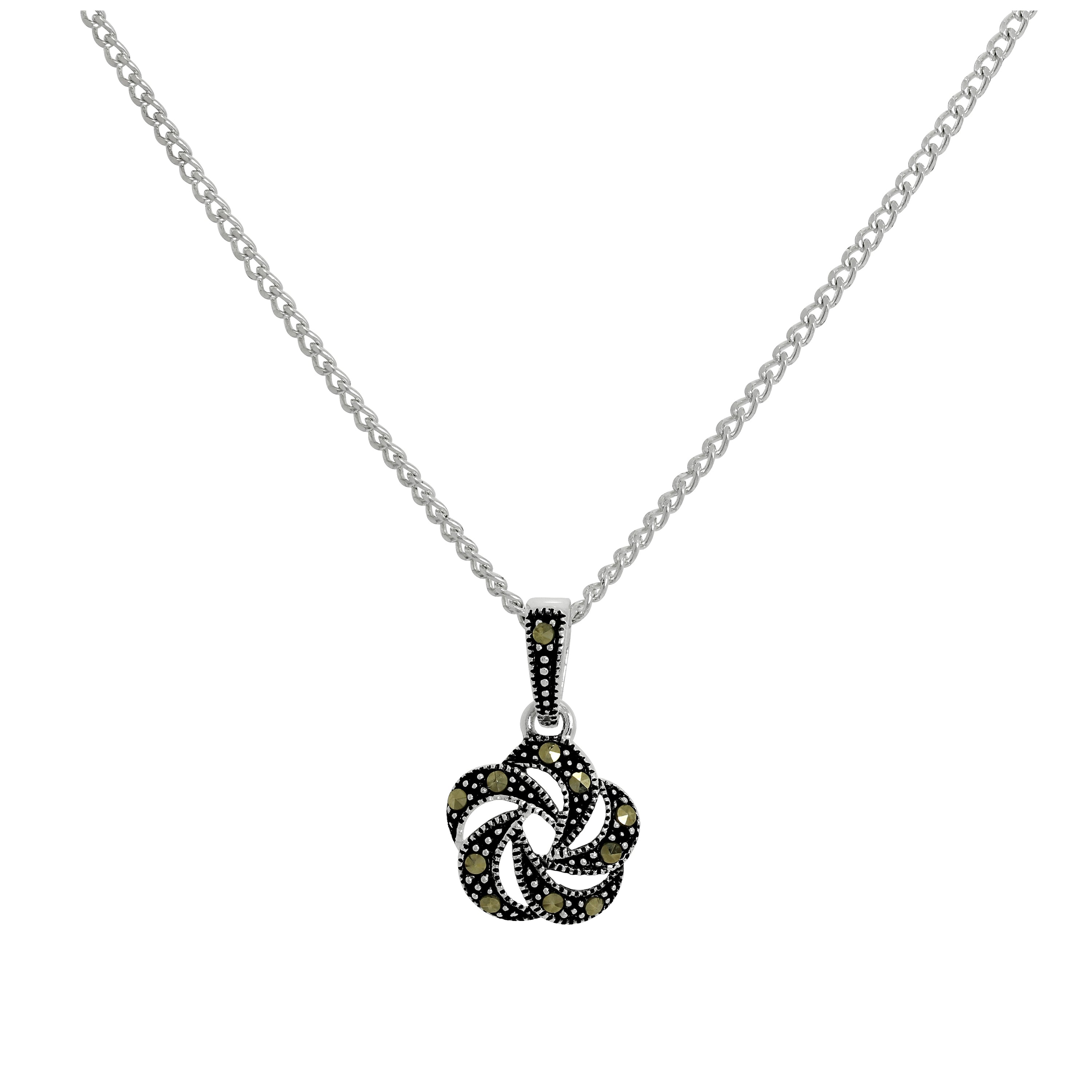 Sterling Silver & Marcasite Black Open Flower Pendant Necklace 16 - 24 Inches