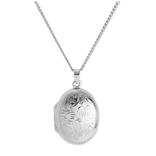 Sterling Silver Oval Flower Locket with Zig Zag Frame on Chain 16 - 24 Inches