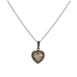 Sterling Silver & Pink Mother of Pearl Heart Pendant with Marcasite on Chain 16 - 24 Inches
