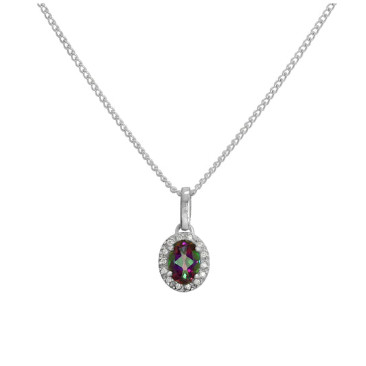 Sterling Silver & Mystic Topaz Pendant with Clear CZ Crystals on Chain 16 - 24 Inches