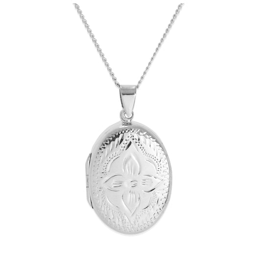 Large Sterling Silver Oval Flower Locket with Zig Zag Frame on Chain 16 - 24 Inches