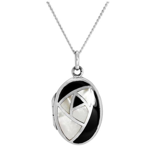 Sterling Silver & Mother of Pearl Oval Locket with Onyx on Chain 16 - 24 Inches