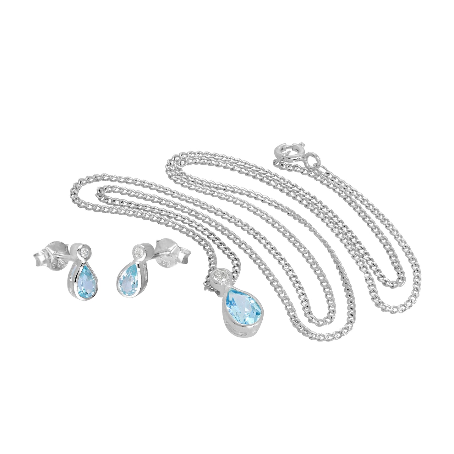 Sterling Silver Sky Blue Topaz & CZ Crystal Teardrop Pendant on 16 - 24 Inches Chain and Earrings Set