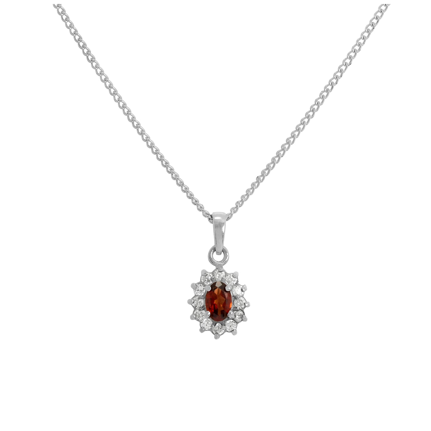 Sterling Silver Garnet & CZ Crystal Oval Pendant Necklace 16 - 24 Inches