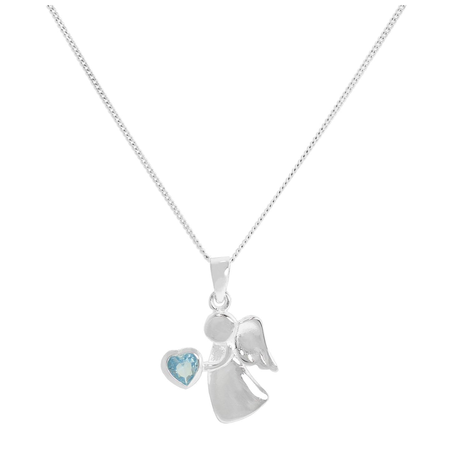 Sterling Silver & Aquamarine CZ Crystal March Birthstone Angel Pendant Necklace 14 - 32 Inches