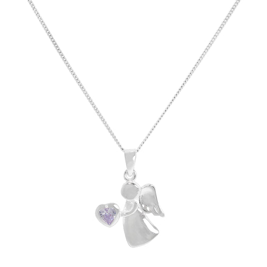 Sterling Silver & Alexandrite CZ Crystal June Birthstone Angel Pendant Necklace 14 - 32 Inches