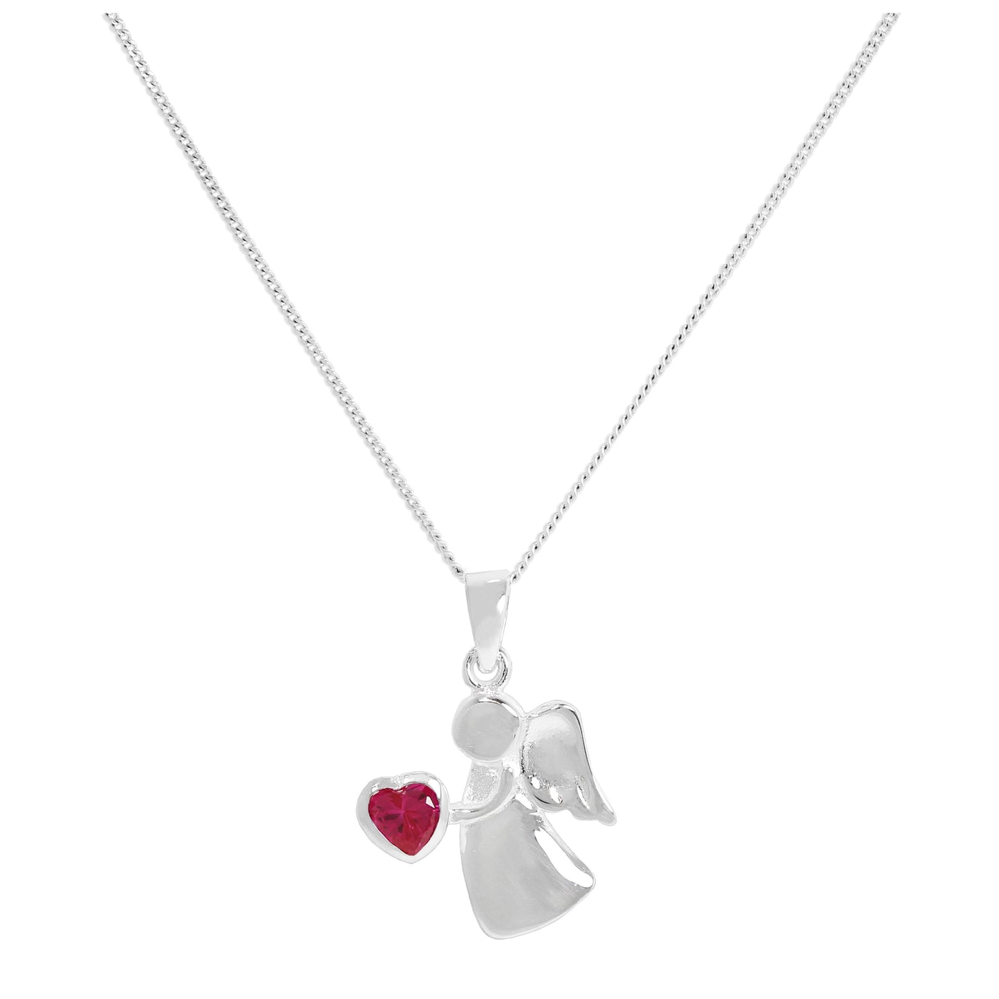 Sterling Silver & Ruby CZ Crystal July Birthstone Angel Pendant Necklace 14 - 32 Inches