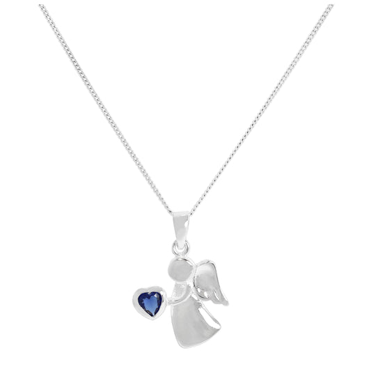 Sterling Silver & Sapphire CZ Crystal September Birthstone Angel Pendant Necklace 14 - 32 Inches