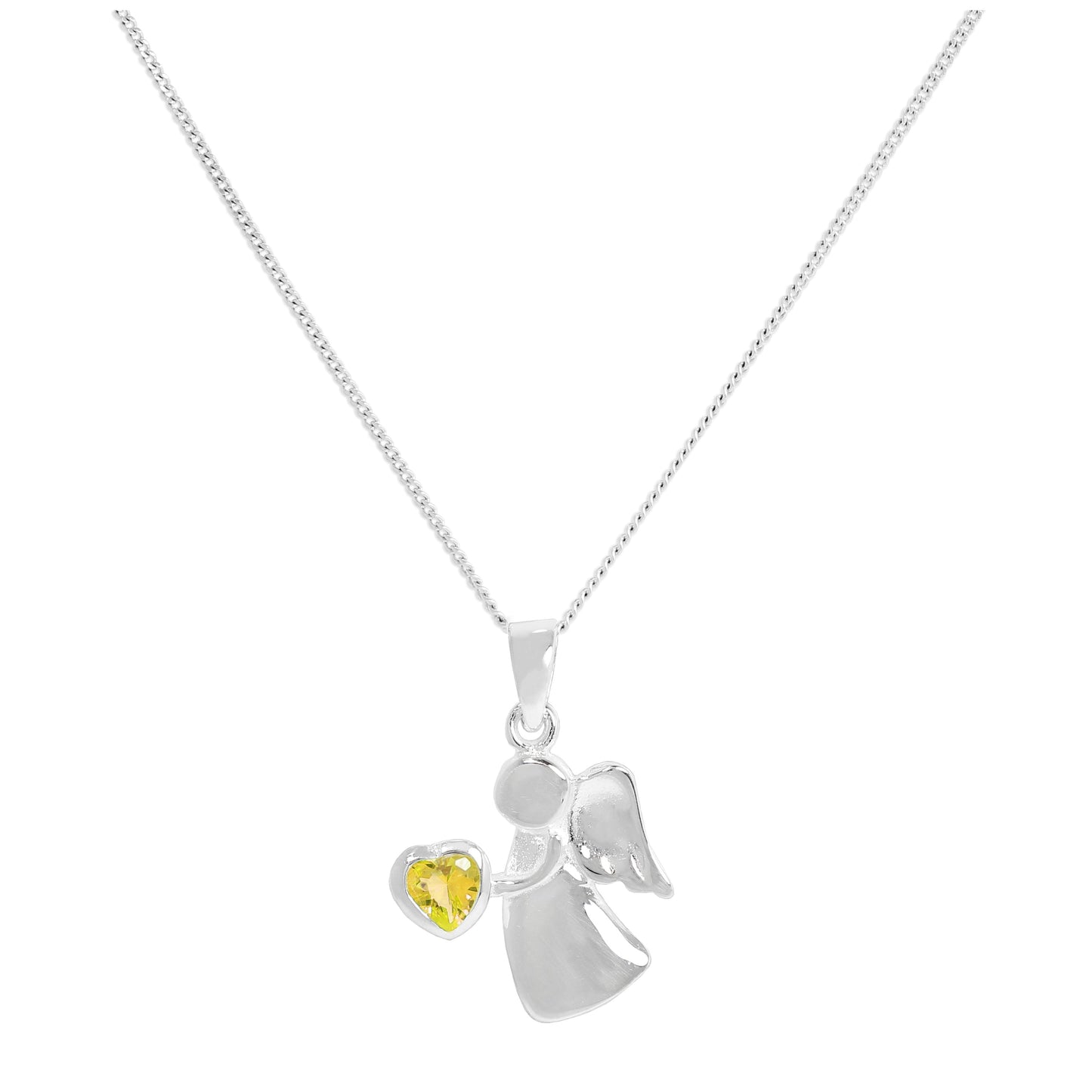 Sterling Silver & Citrine CZ Crystal November Birthstone Angel Pendant Necklace 14 - 32 Inches