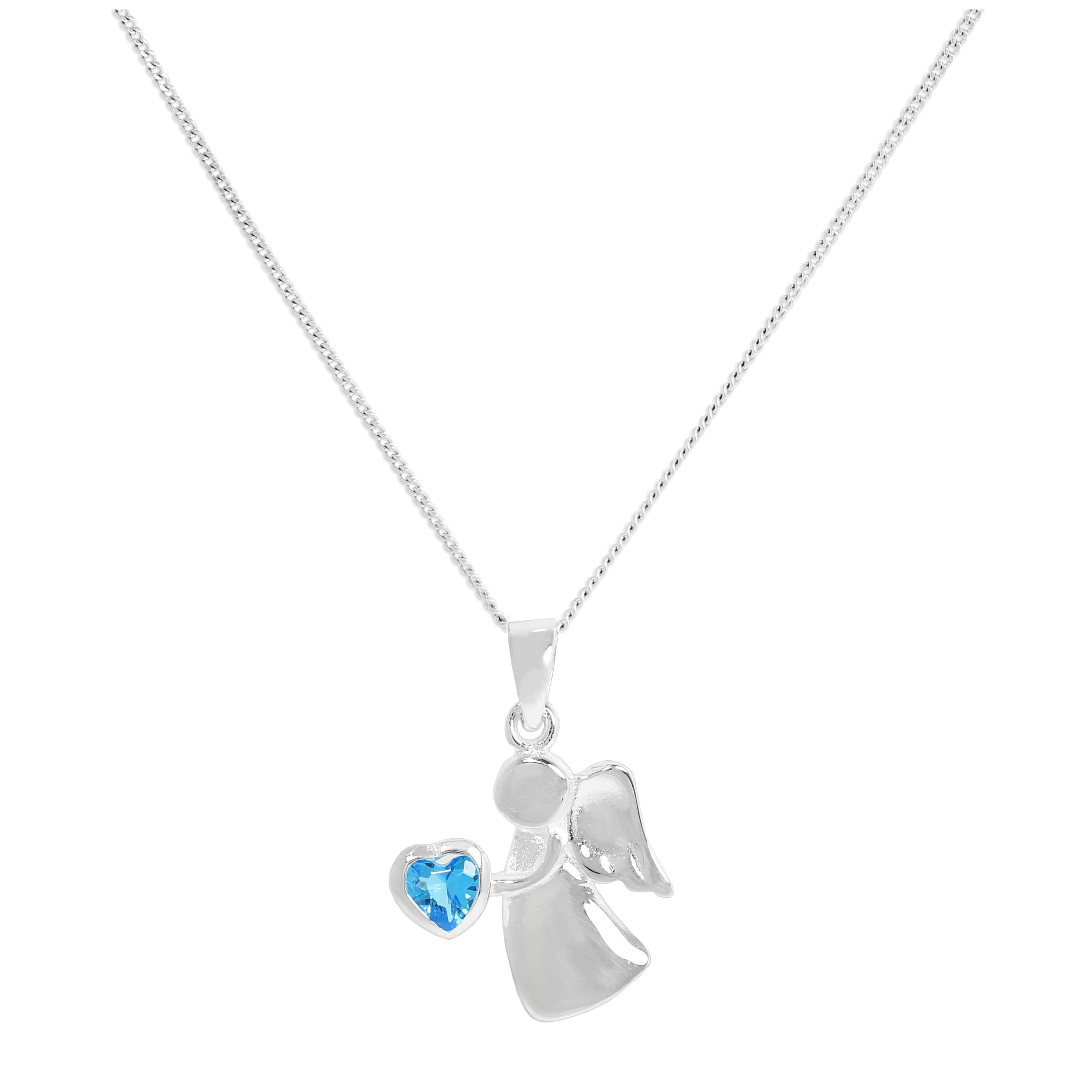 Sterling Silver & Blue Zircon CZ Crystal December Birthstone Angel Pendant Necklace 14 - 32 Inches