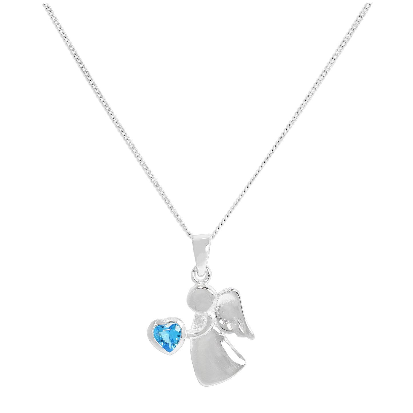 Sterling Silver & Blue Zircon CZ Crystal December Birthstone Angel Pendant Necklace 14 - 32 Inches