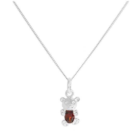 Sterling Silver January Garnet CZ Birthstone Bear Necklace 14 - 32 Inches