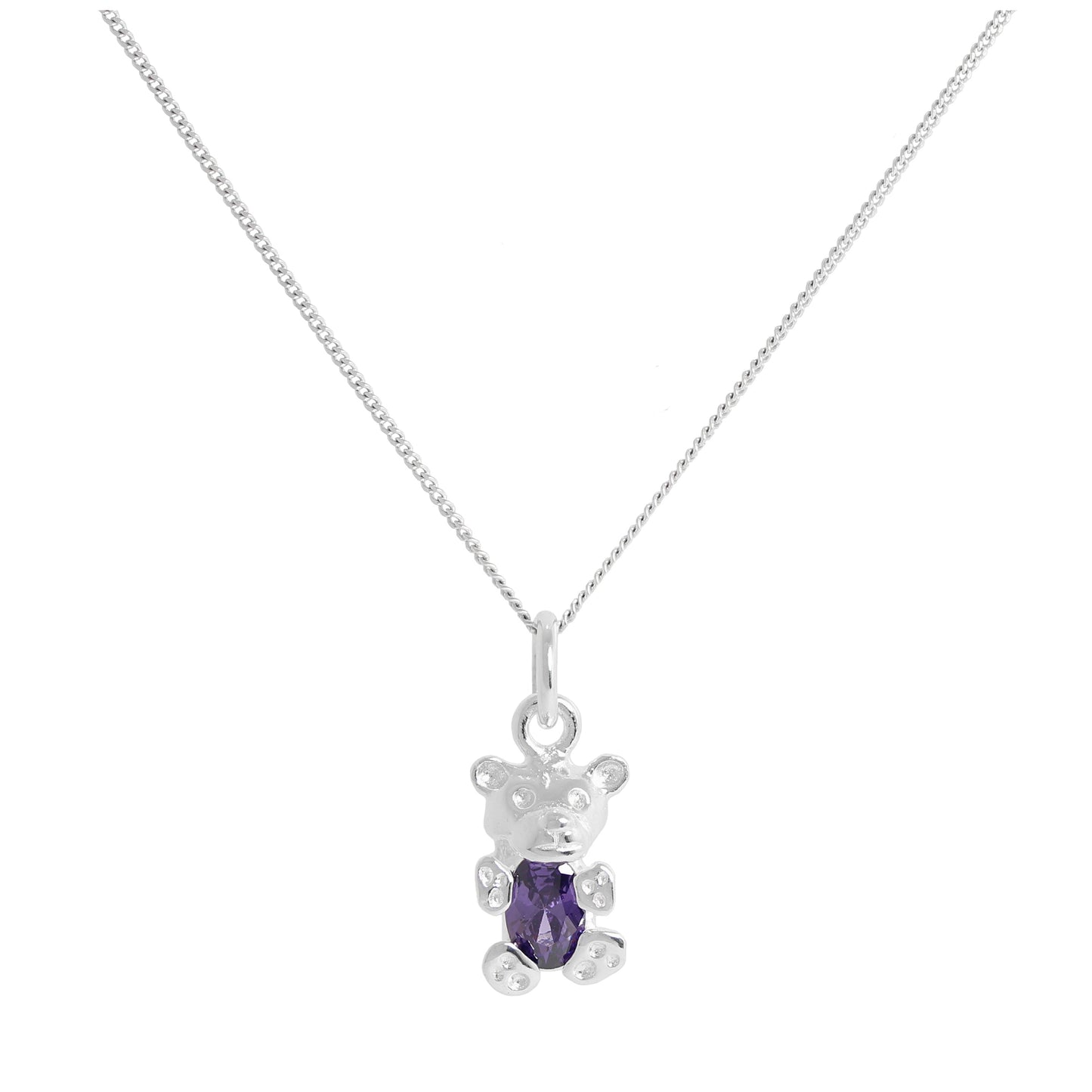 Sterling Silver February Amethyst CZ Birthstone Bear Necklace 14 - 32 Inches