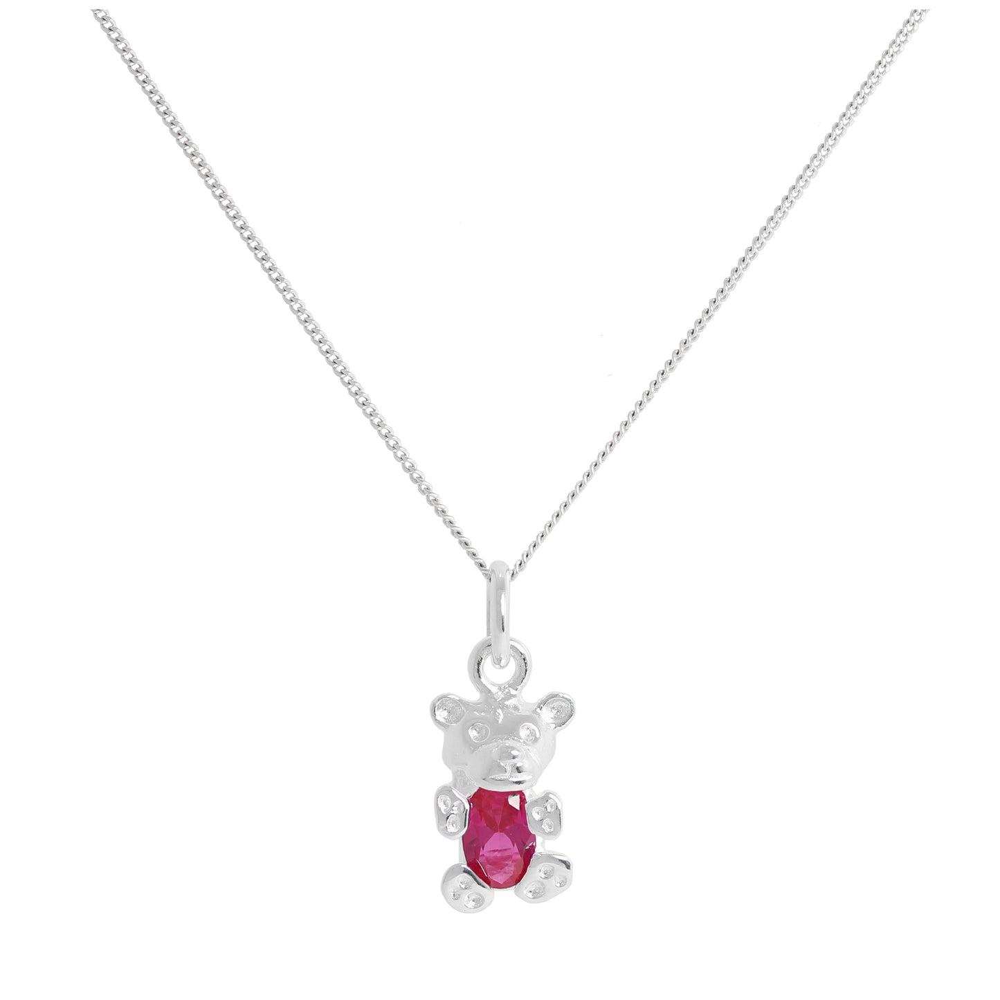 Sterling Silver July Ruby CZ Birthstone Bear Necklace 14 - 32 Inches