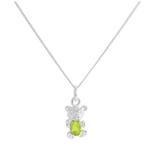 Sterling Silver August Peridot CZ Birthstone Bear Necklace 14 - 32 Inches