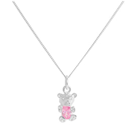 Sterling Silver October Tourmaline CZ Birthstone Bear Necklace 14 - 32 Inches