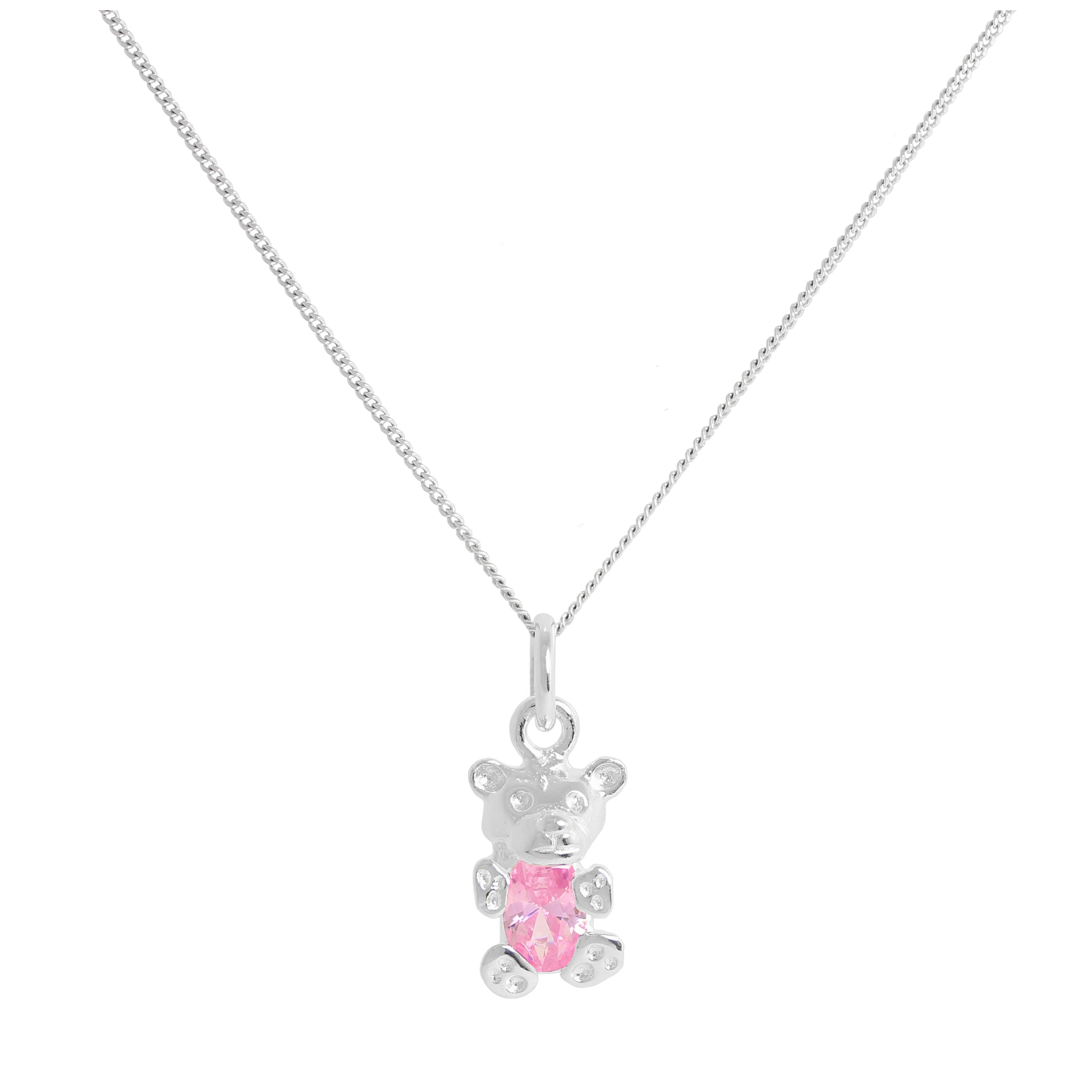 Sterling Silver October Tourmaline CZ Birthstone Bear Necklace 14 - 32 Inches