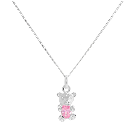 Sterling Silver October Tourmaline CZ Birthstone Bear Necklace 14 - 32 Inches