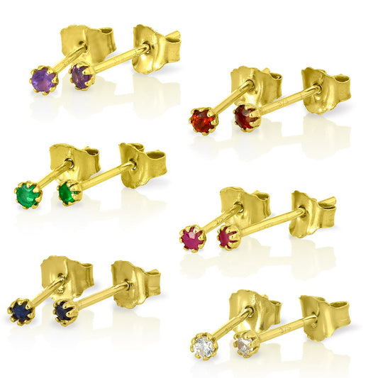 9ct Gold & Gemstone 2mm Round Stud Earrings
