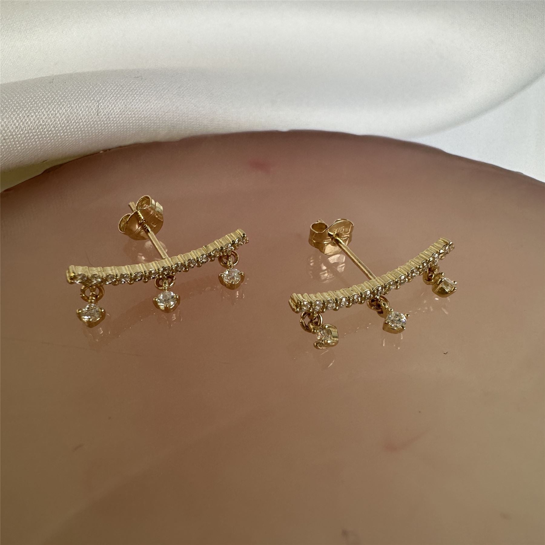 9ct Gold Clear CZ Climber Dangle Stud Earrings