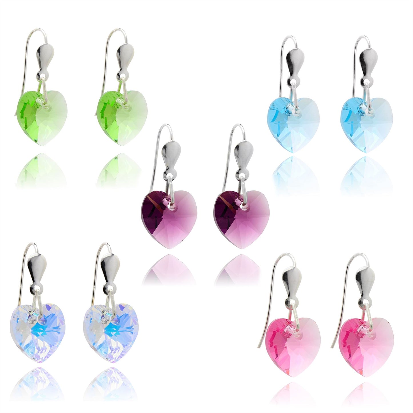 Sterling Silver & CZ Crystal 10mm Heart Earrings - 5 Colours