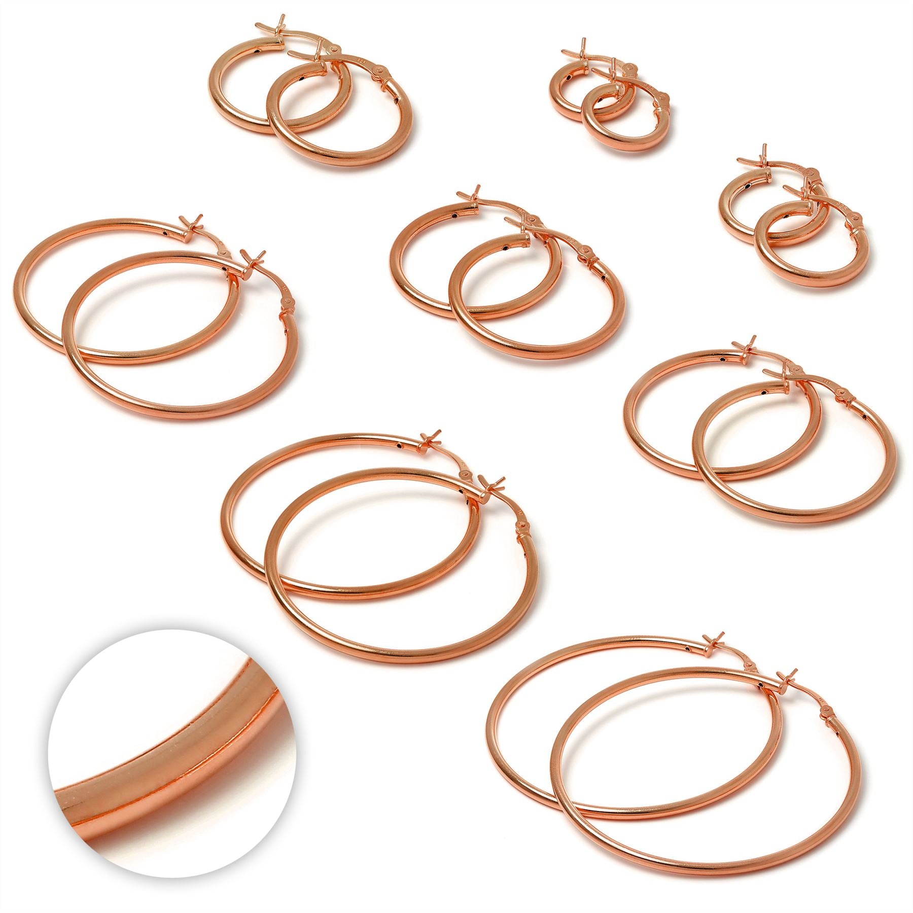 Rose Gold Plated Sterling Silver 2mm Tube Sleeper Hoop Earrings 12mm - 70mm