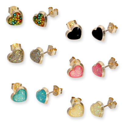 9ct Gold & Glitter Enamel Heart Stud Earrings in 6 Colours
