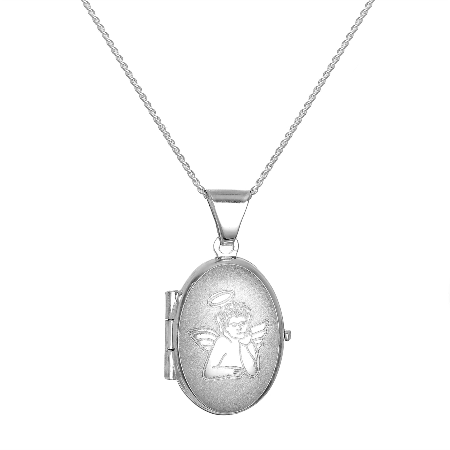 Small Matt Sterling Silver Oval Locket with Angel