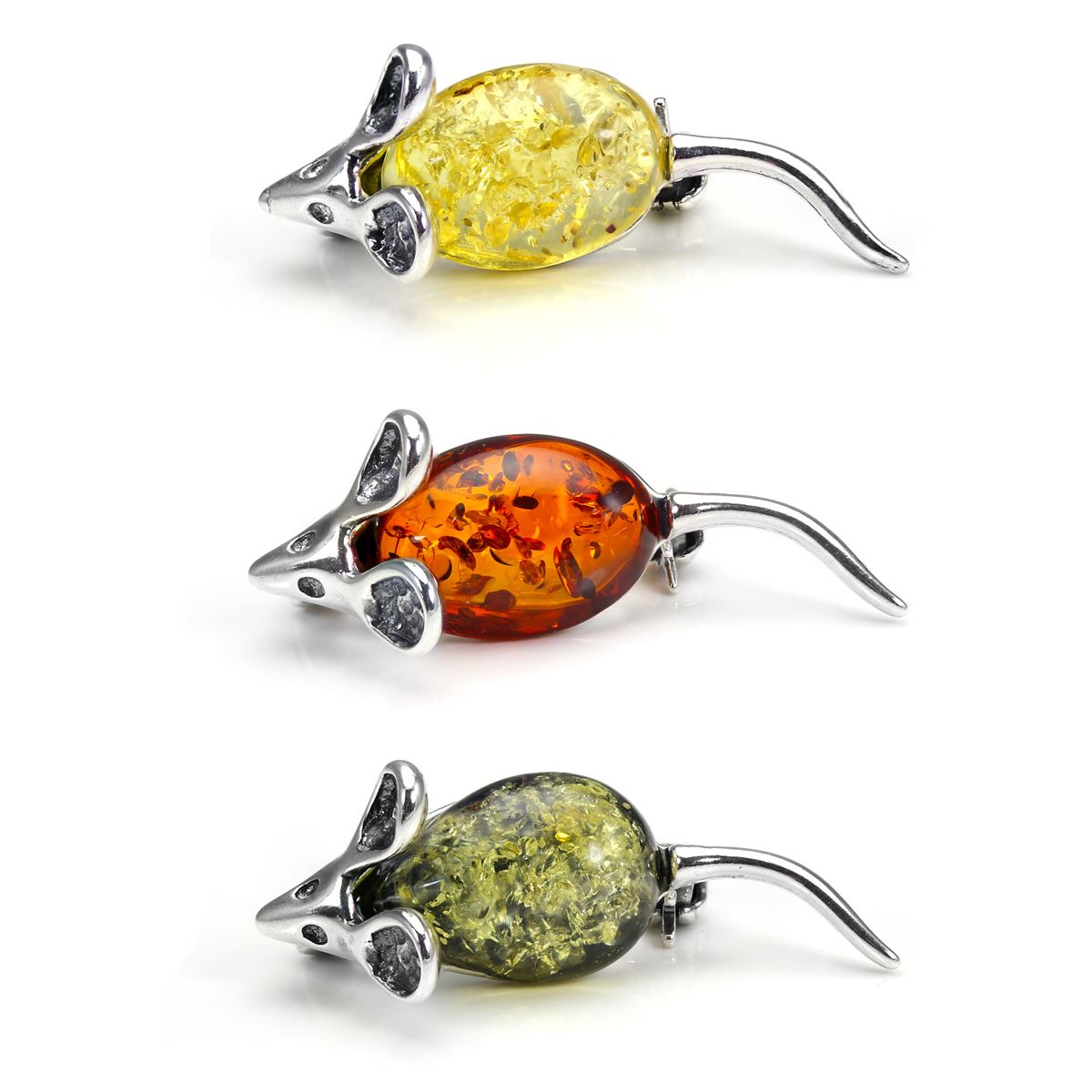 Sterling Silver & Baltic Amber Mouse Brooches - 3 Colours