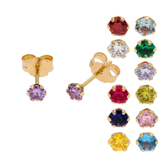 9ct Gold Birthstone CZ Round Claw Stud Earrings