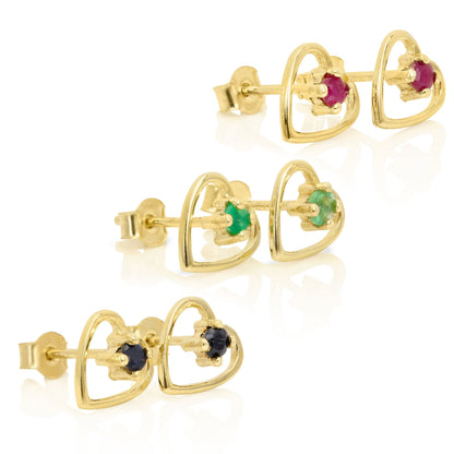 9ct Gold & 2mm Gemstone Open Heart Stud Earrings - Emerald Sapphire Ruby