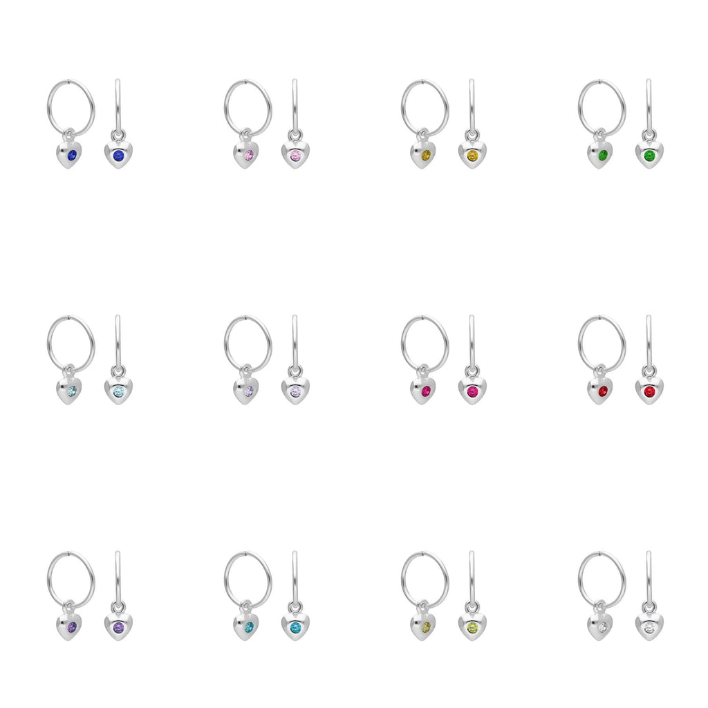 Sterling Silver CZ Crystal Birthstone Heart 10 - 22mm Sleeper Hoop Earrings