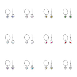 Sterling Silver CZ Crystal Birthstone Heart 10 - 22mm Sleeper Hoop Earrings