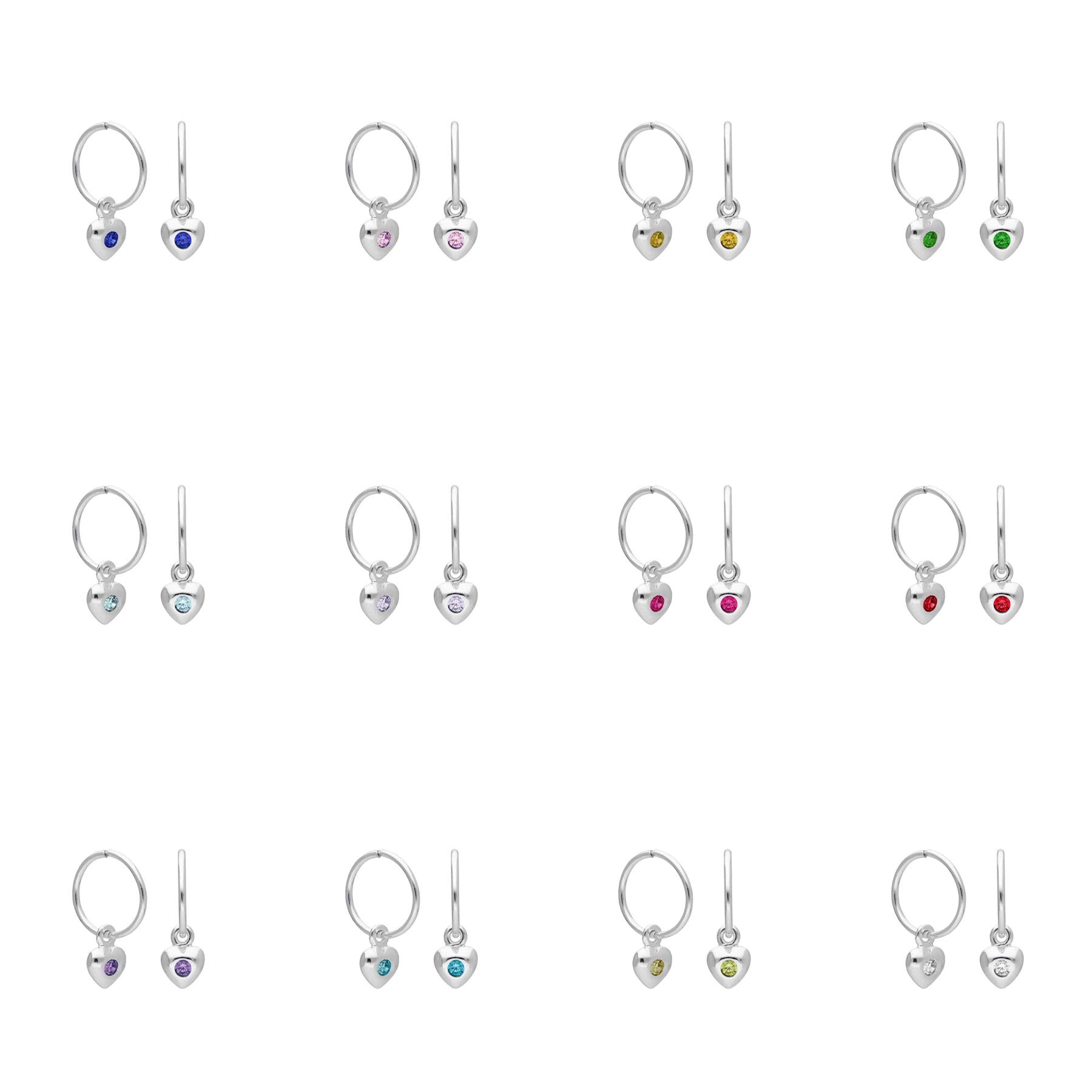 Sterling Silver CZ Crystal Birthstone Heart 10 - 22mm Sleeper Hoop Earrings