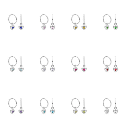 Sterling Silver CZ Crystal Birthstone Heart 10 - 22mm Sleeper Hoop Earrings