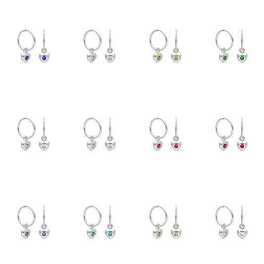 Sterling Silver CZ Crystal Birthstone Heart 10 - 22mm Sleeper Hoop Earrings