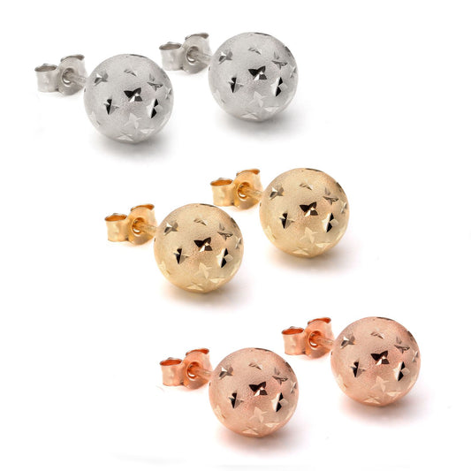 9ct Gold 7mm Diamond Cut Ball Stud Earrings - Yellow White Rose