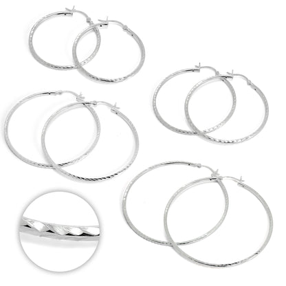 Sterling Silver 2mm Tube Diamond Cut Twist Sleeper Hoop Earrings 35mm - 60mm
